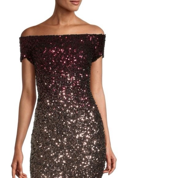 B. Smart Dresses & Skirts - B. Smart Off Shoulder Burgundy and Gold Ombré Sequin Dress